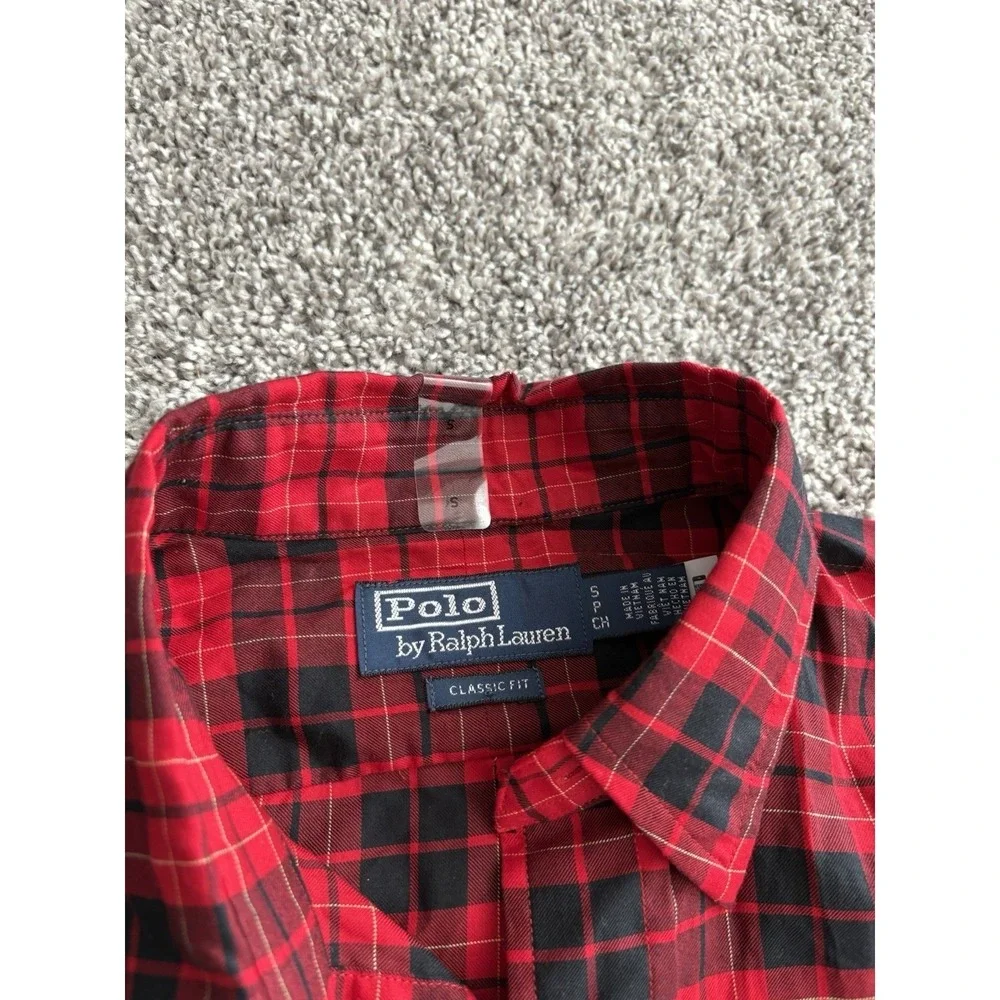 Polo Ralph Lauren Mens Small Red‎ Black Plaid Flannel Button Down Classic Fit